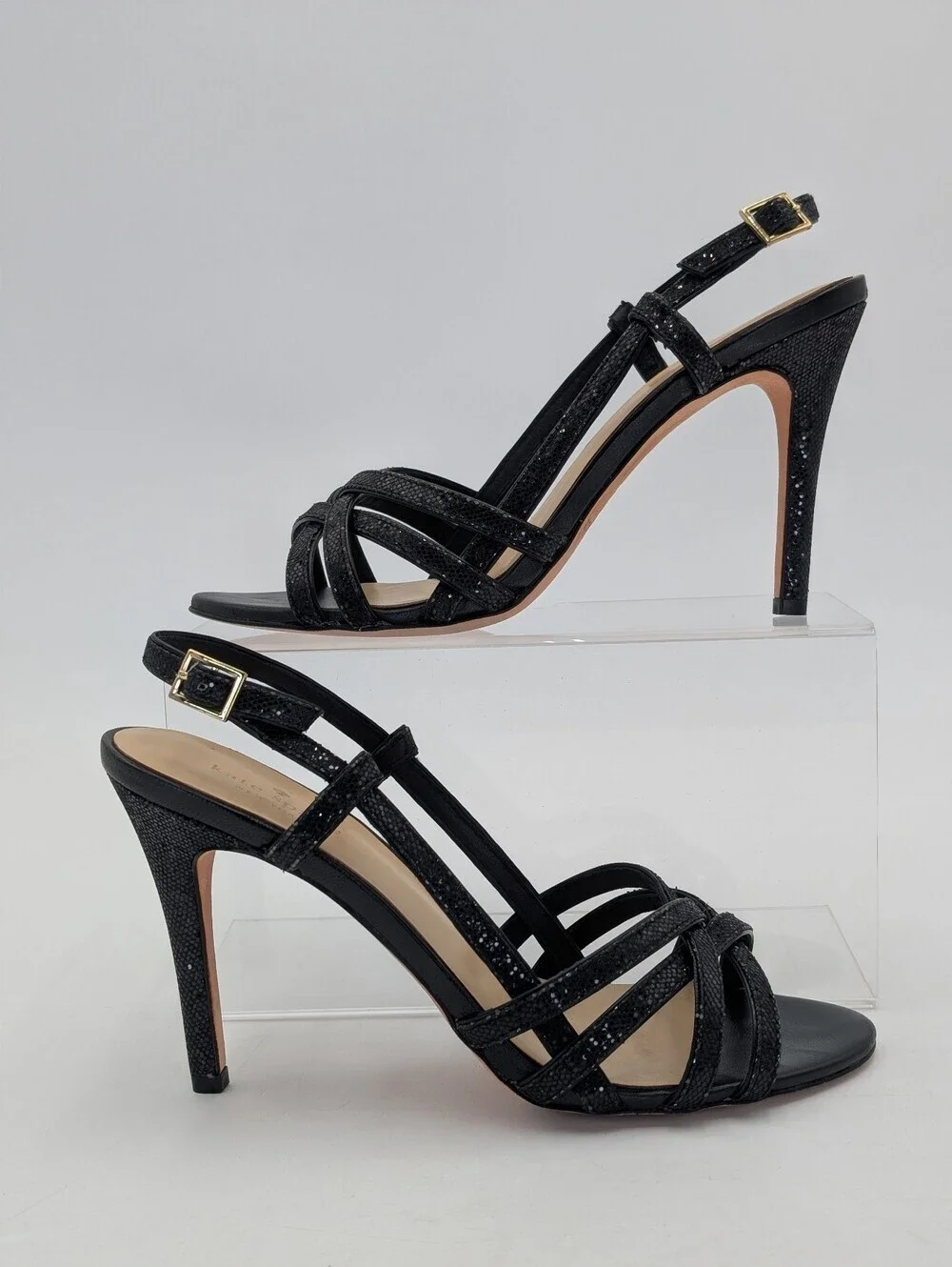 Kate Spade New York Size 9.5M Black Glitter Strappy Slingback Vero Cuoio Heel